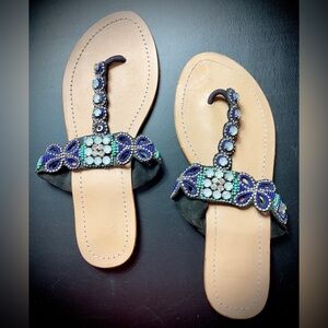 NWT - Anthropologie Blue Beaded Rhinestone Thong Style Flat Heeled Sandals